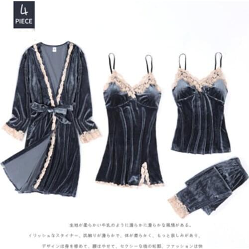 Daeyard New Women Velvet 4 Pieces Pajamas Sets Sling Sexy Lace Sleepwear Winter Autumn Pyjama With Chest Pad Fashion Nightwear