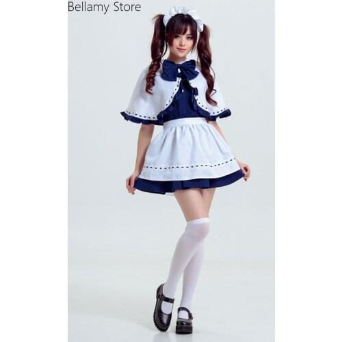 Gothic Lolita White and Navy blue Shawl Sweet Bow Pleated lace Cosplay Maid Costume Maid Dress