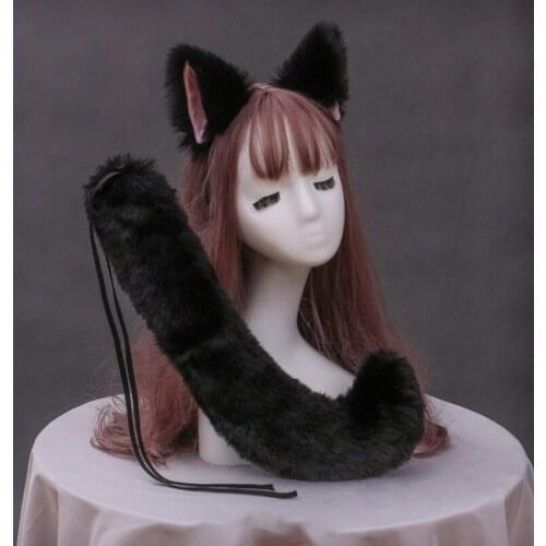 Japanese Anime Cosplay Costume Set Solid Color Faux Fur Kitten Wolf Ears Headband with Plush Animal Long Tail Halloween Party