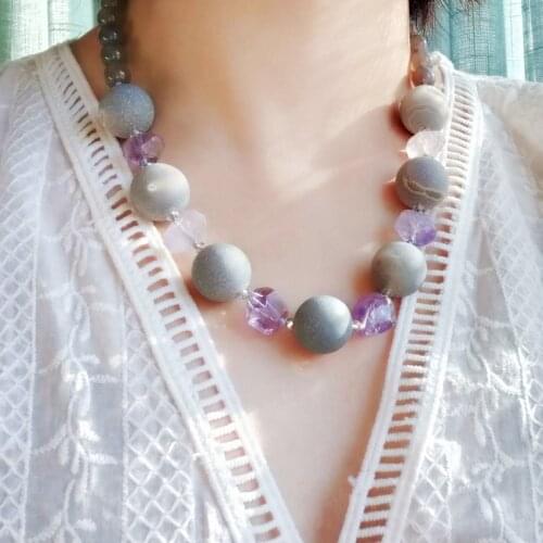 LiiJi Unique Natural Stone Grey Agates Amethysts Necklace Fashion Jewelry 55cm/22inches Women Jewelry Necklace