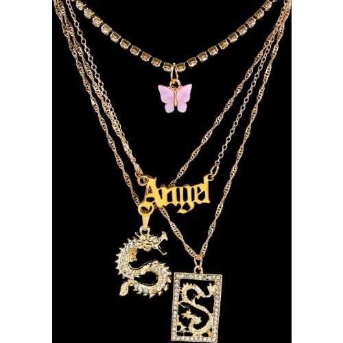Multi Layer Fashion Double Dragon Pendant Necklaces Women Pink Butterfly Rhinestone Tennis Chain Necklace Lucky Mascot Jewelry