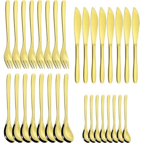 8Set Gold Dinnerware Cutlery Set Diner western Knife Fork Coffee Spoon Flatware Silverware Stainless Steel Party Tableware Set