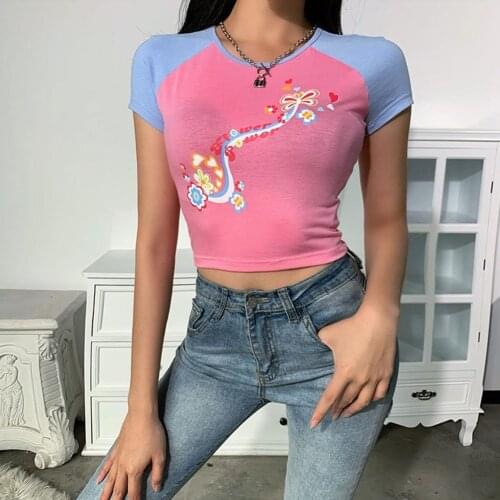 New 90s E-girl Y2K Floral Graphic Print Front Patchwork Pink T-shirts Kawaii Summer O-neck Short Sleeve Vintage Crop Top