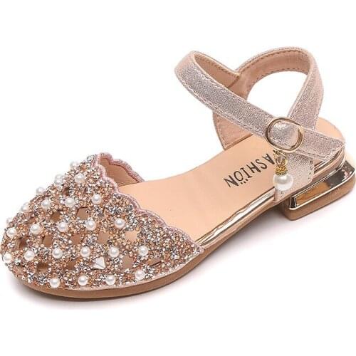 2021 Summer New Hollow Girls Sandals Kids Princess Crystal Rhinestone Pearl Catwalk Student Performance Shoes Children Show Shoe