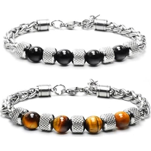 New Tiger Eye Stone Mens Bracelet Stainless Steel Titanium Adjustable Beaded Unisex Bangle