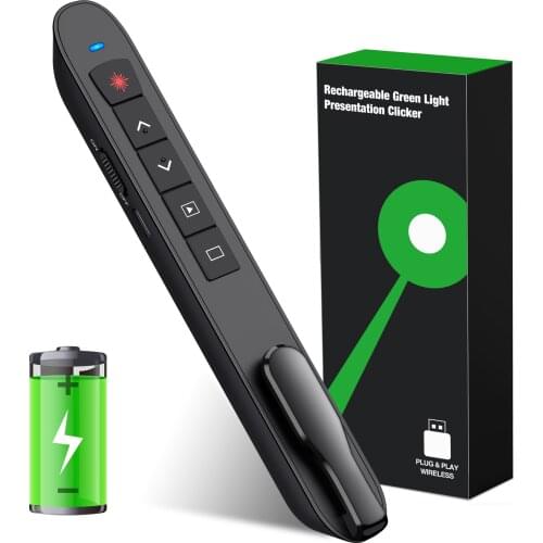 For 2.4GHz Rechargeable PowerPoint Clicker with USB Receiver Presentation Pointer Green Slide Advancer Hyperlink Volume Control