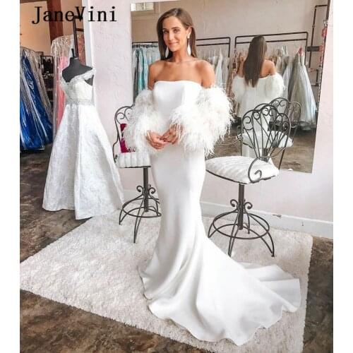 JaneVini 2020 Elegant White Mermaid Long Sleeves Ladies Prom Dresses with Feathers Strapless Satin Formal Party Gowns Plus Size