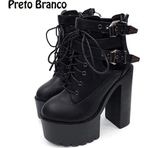 PRETO BRANCO High Heel Platform Shoes Womens Boots Metal Buckle Platform Stage Performance Chunky Heel Womens Boots JXQ-698-3