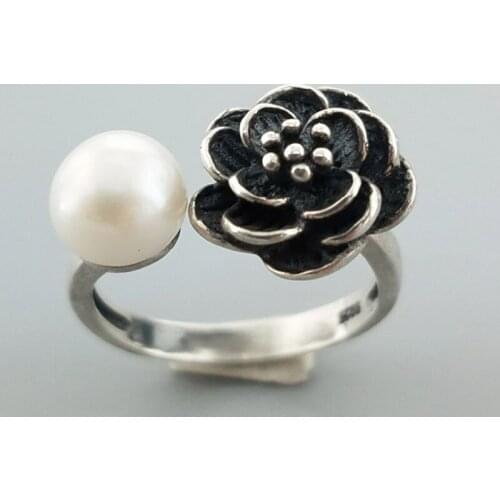 SA SILVERAGE 925 Sterling Silver Pearl Wedding Vintage Rings Pearl Jewelry Flowers Ring 100% Genuine Adjustable Rings Women Gift