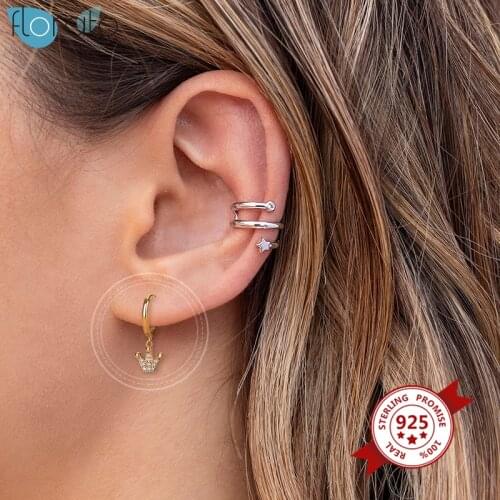 100% Real 925 Sterling Silver Crown Hoop Earrings For Women Crystal Small Circle Prevent Allergy Huggie Earrings Girls Jewelry