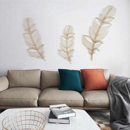 Modern Wrought Iron Gold Feather Wall Hanging Decoration Crafts Home Livingroom Wall Mural Ornaments Hotel Wall Sticker Pendant