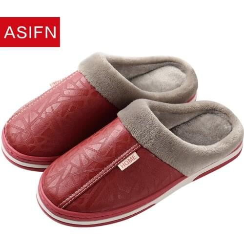 ASIFN Womens PU Leather Winter Slippers Men Home Faux Fur Warm Indoor Non-Slip Waterproof Zapatos De Mujer Cotton Women Shoes
