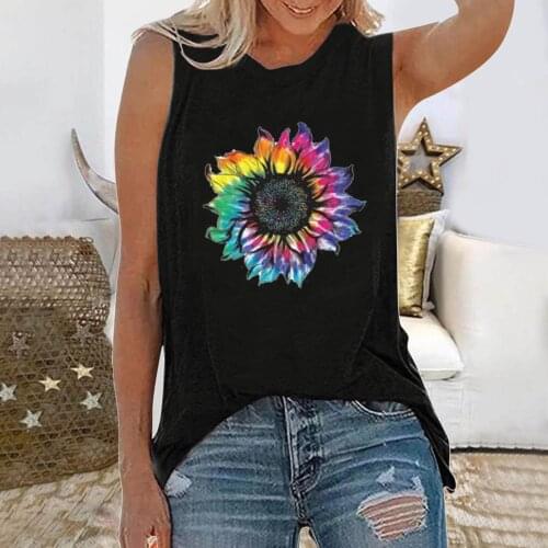 Women Fashion Casual Round Neck Short Sleeve T-Shirt Solid Color Cool Colorful Sunflower Printing Daily All-match Lovely Shirt