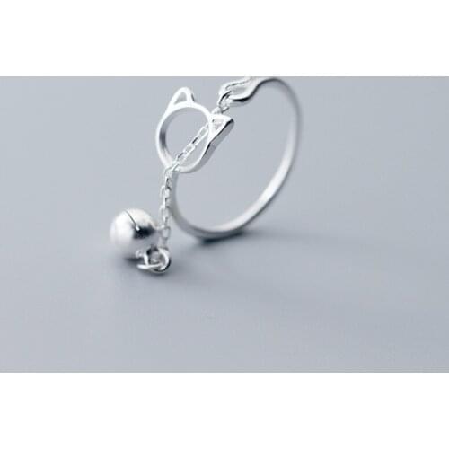 HF JEL Cat Bell S925 Sterling Silver Open Adjustable Rings for Women Cute Style Girl Lady Silver Jewelry Femme Christmas Gifts