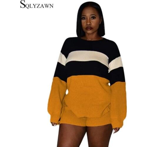 Womens Stripe Color Block Two Piece Set Casual Fall Long Sleeve Split Sweatshirt Top + Mini Shorts Matching Tracksuit Outfits