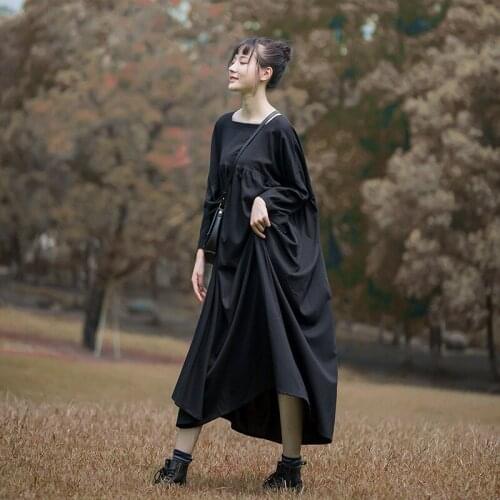 Johnature Square Collar Autumn Dress Women Clothes 2021 New Batwing Sleeve Vintage Loose Solid Color Leisure Women Dresses