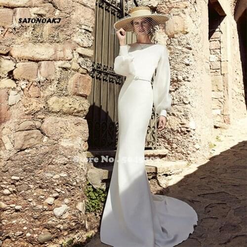 New Boho Mermaid Wedding Dresses With Long Sleeves Buttons Simple Bride Gown Beach Customized Vestido De Novia 2021 Robe Mariee