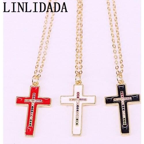 12Pcs Rainbow Cubic zirconia micro pave /enamel cross Pendant Necklace,Charms Women Girls Jewelry