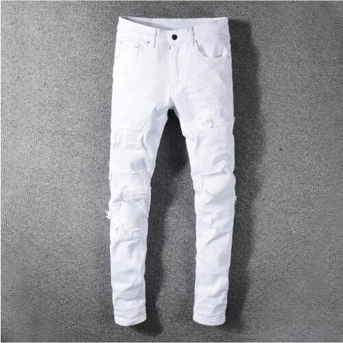 2021 New Mens white stretch ripped biker jeans Slim skinny pleated patchwork denim pants Leisure simplicity Fashion trend