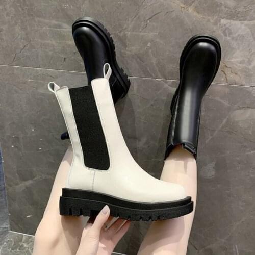 Women Botas Square Toe Platform Thick Heel Mid-Calf Boots Woman Fashion Slip-on Chelsea Booties Autumn Winter2021