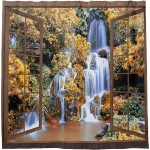Hot 3D Wooden Window View Shower Curtains Antumn Fall Waterfall Bathroom Curtain Set Waterproof Polyester Hook Home Decor 72inch