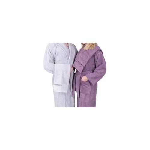 DowryWorld-Stripe Cotton 4-Piece Family Bathrobe Set Gray Purple %100 Cotton