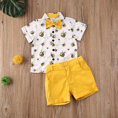 Wholesale Kids Summer Gentleman Infant Baby Boys Clothes Sets Little bee Print Short Sleeve T Shirts Tops+Shorts 2pcs
