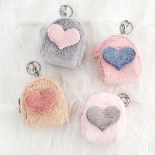 Cute love Women Plush Coin Purse with Keyring Charm Womens Keychain Coin Purse Zipper Girls Accessories Bag Kids Purse