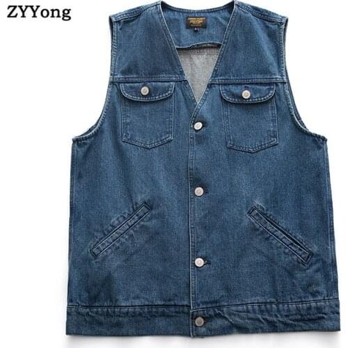 2020 Cotton Men Denim Vest Coat V-Neck Single-Breasted Multi-Pocket Sleeveless Jacket Youth Blue Cowboy Waistcoat