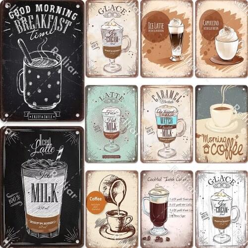 Wall Corridor Plaque Art Decor Metal Tin Signs Chic Home Bar Vintage Cocktail Hot Milk Coffee Poster Iron Painting