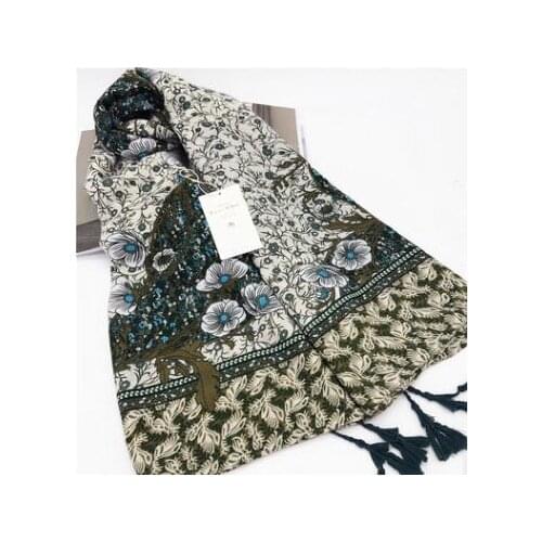 2017 New Arrival Green Flower Print Tassel Scarf Women Cotton Floral Leaf Print Shawls And Scarves Hijab Wrap Free Shipping