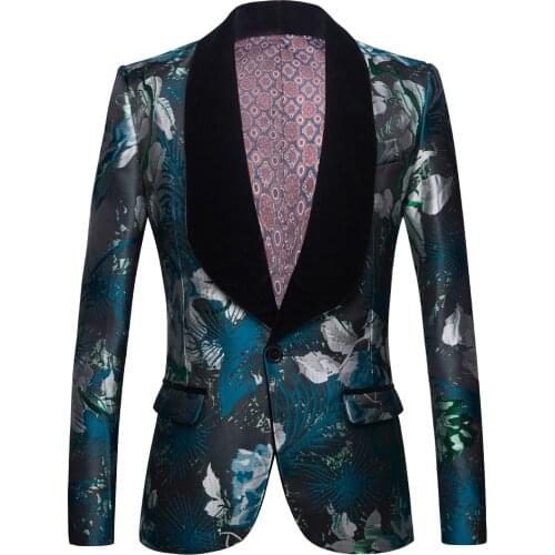2021Jacquard suit for men Tide Men Navy Green Floral Print Fashion Casual Suits Latest Coat Pant Designs Wedding Groom Stage Cos