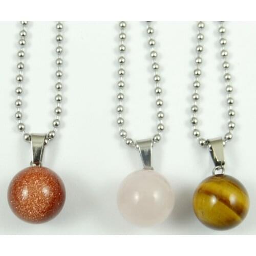 Natural stone Opal tiger eye Pink Crystal lapis Round Ball Pendant stainless steel Chains Necklace for Women Fashion Jewelry