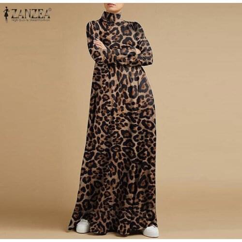 ZANZEA 2021 Stylish Leopard Maxi Dress Womens Printed Sundress Long Sleeve Turtleneck Vestidos Female Baggy Robe Oversized