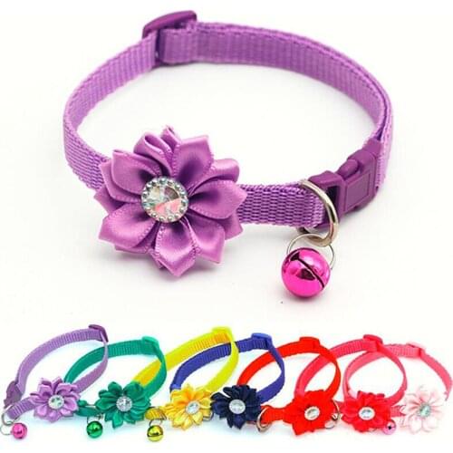 Adjustable Pet Collar Flower Bell Crystal Dog Cat Collar Easy Wear Buckle Lovely Pets Decor Accessories Dogs Cats Necklace