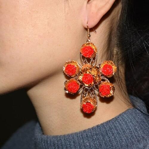 European and American Exaggerated Baroque Colorful Gem Bohemian Ethnic Style Earrings Red Flower Tassel Ear Jewelry Female