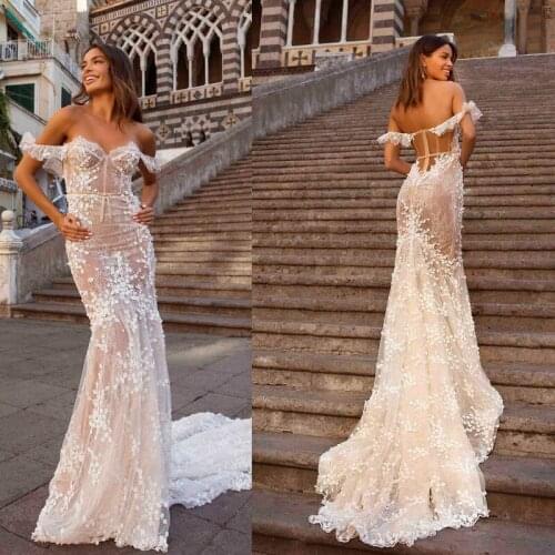 2020 Beach Mermaid Wedding Dresses Off Shoulder Short Sleeve Bridal Gowns Sexy See Through Plus Size Sweep Train Wedding Dress