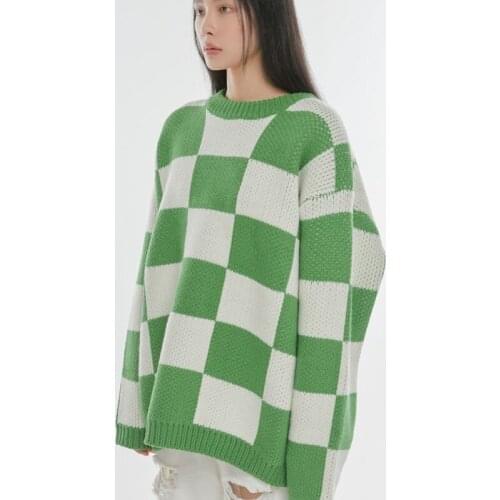Autumn Green-white Chessboard Knitted Oversized Sweater Women Cozy Loose Round Collar Pullovers Jumper Female
