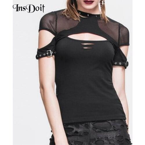 InsDoit Gothic Sexy Hollow Out Women T Shirts Punk Streetwear Black Mesh Hole Rivet Short Sleeve Top Slim Hip Hop Fashion Tops
