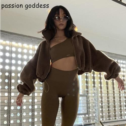 2021 Women Fashion Streetwear Short Crop Jackets Autumn Winter Cashmere Turtleneck Zipper Outerwear Casual Y2k Oversized Coats