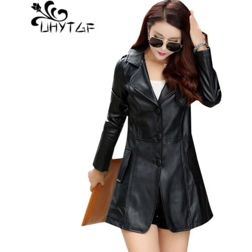 UHYTGF 2XL-6XL high quality PU Leather Jacket women Loose warm winter outerwear Fashion V-neck Elegant Lady jacket Oversized 106