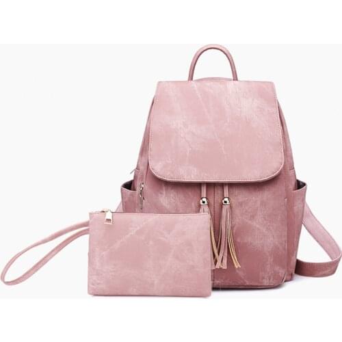 2021 New Trend Fashion PU Tassel Backpack Sets for Women Large Capacity Solid Color Two Shoulder Strap Bags for Female