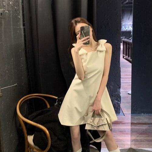2021 Summer Korean Sweet Bow Sleeveless Sling Dress Vestidos OL Ladies Square Neck Fashion Elegant Slim High Waist A-Line Dress
