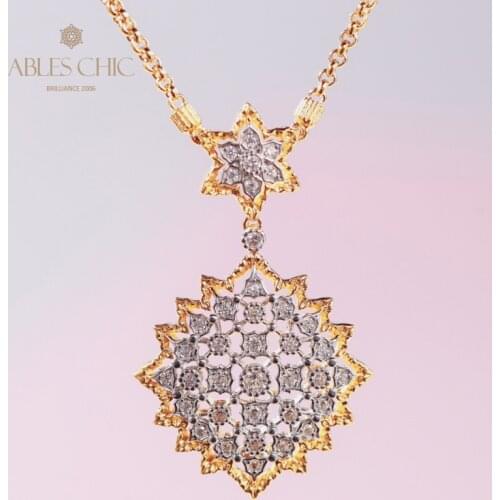Sterling Silver CZ Paved Gold Filigree Pendant Honeycomb Star Flower Two Tone Necklace Vintage Women Fine Jewelry