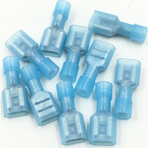 100PCS FDFN2-250 nylon all insulated male terminal 6.3 insert spring cold pressed wiring terminal ear blue color