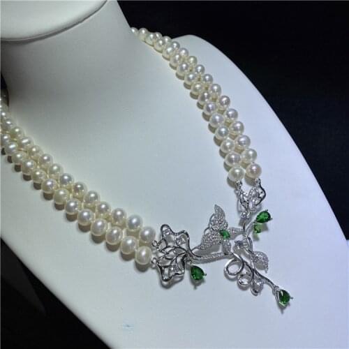 2rows freshwater pearl necklace white near round 8-9mm+green flower 43-45cm pendant wholesale nature beads FPPJ