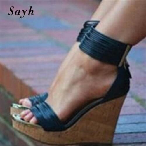 US 9 Black Sexy Stripper Woman Ankle Strap Pumps Super High Heel Thick Bottom 13CM Wood Wedge Platform Sandals Gladiator Shoes