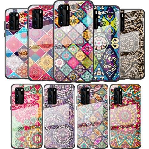 Tempered Glass Cover Mandala flower pattern For Huawei P40 P30 P20 P10 Pro Plus Lite 5G 2019 Shockproof Shell Phone Case
