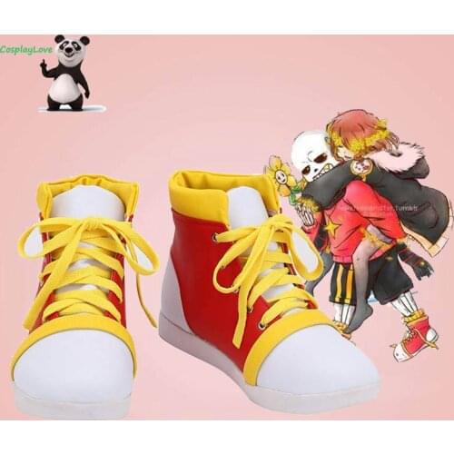 CosplayLove Game Undertale Flowerfell Sans Red White Cosplay Shoes Long Boots Leather Custom Made For Christmas Halloween Gift