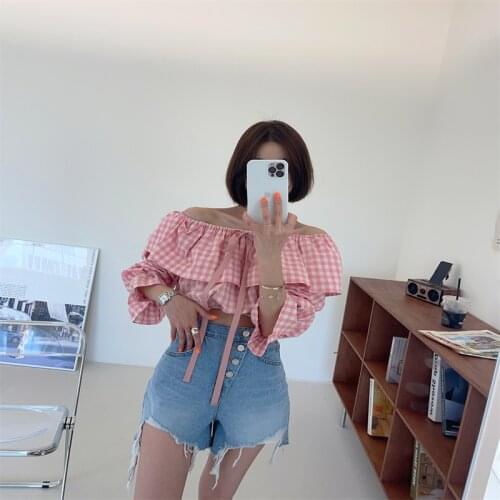 One-neck Strapless Lotus Leaf Lace-up Age-reducing Baby Shirt Sunscreen Flared Sleeve Shirt